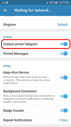 پیام جوین شدن مخاطب ها به تلگرام